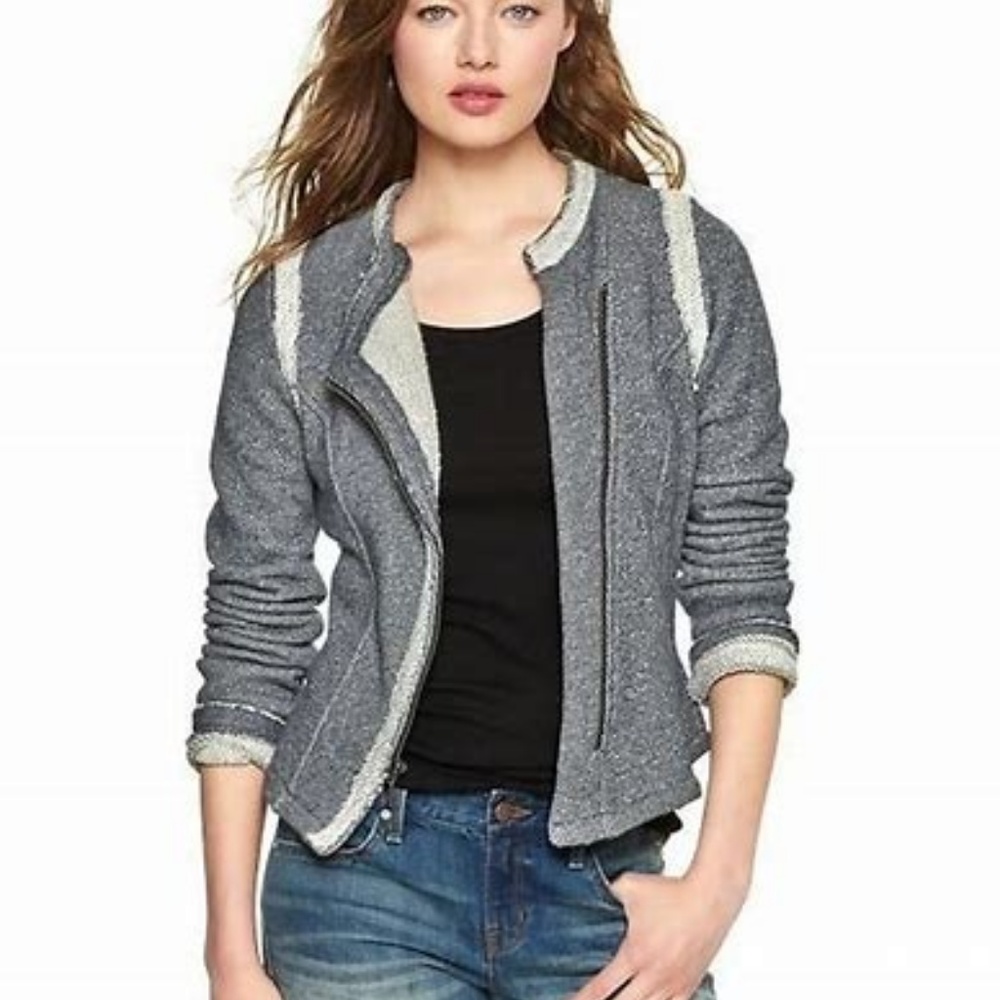 Gray and White Gap Terry Moto Jacket